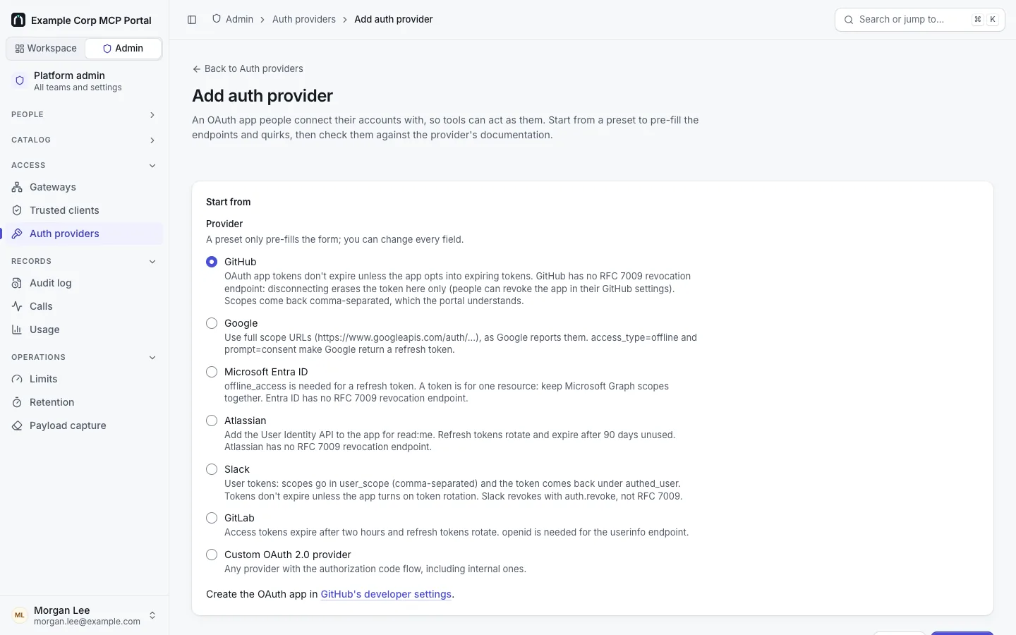 Add auth provider, Start from: the presets GitHub (selected), Google, Microsoft Entra ID, Atlassian, Slack and GitLab, each with its quirks, and Custom OAuth 2.0 provider.