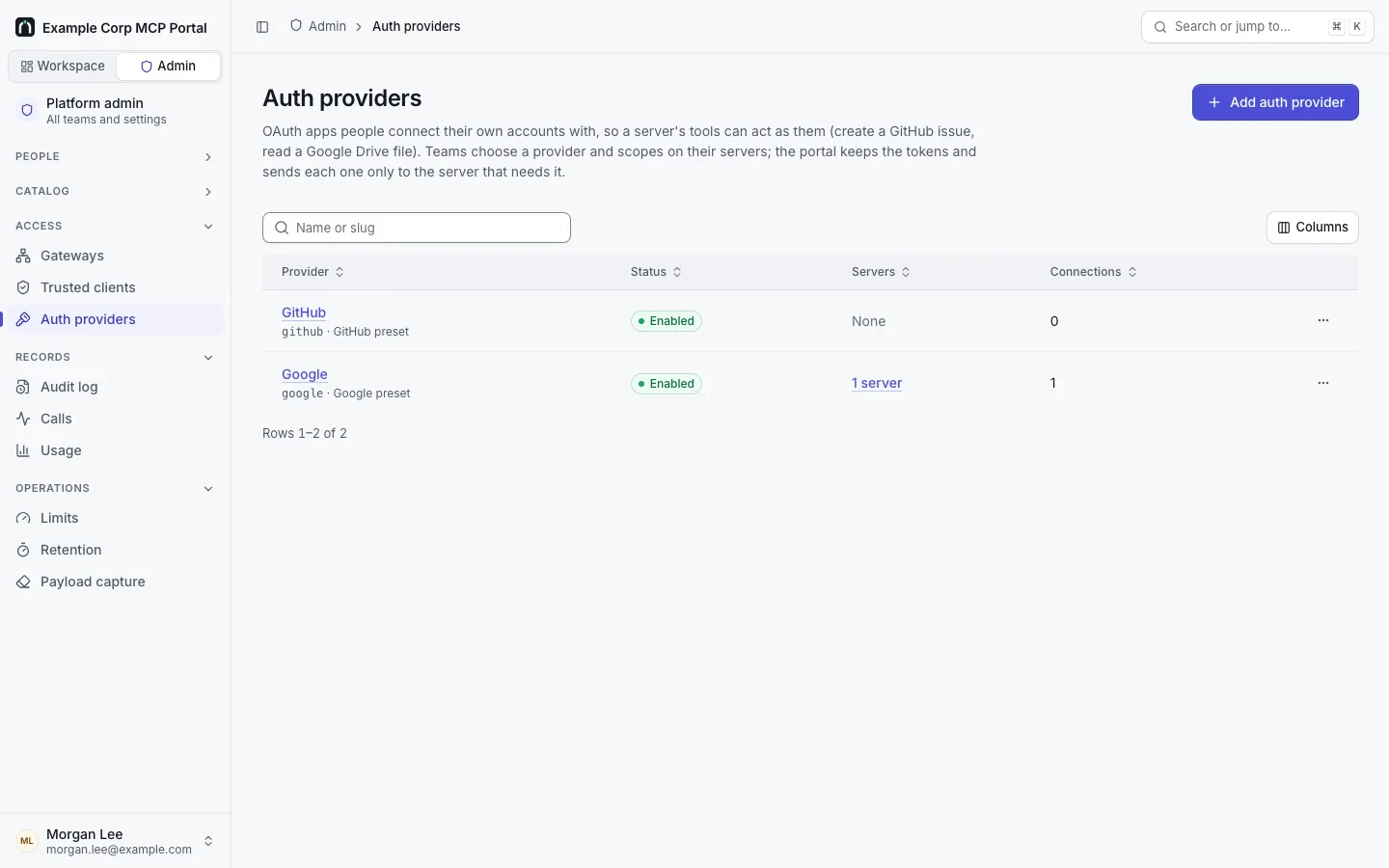 Admin › Auth providers: GitHub and Google with their presets, enabled, the servers that require them (Google: 1 server) and the number of connections.