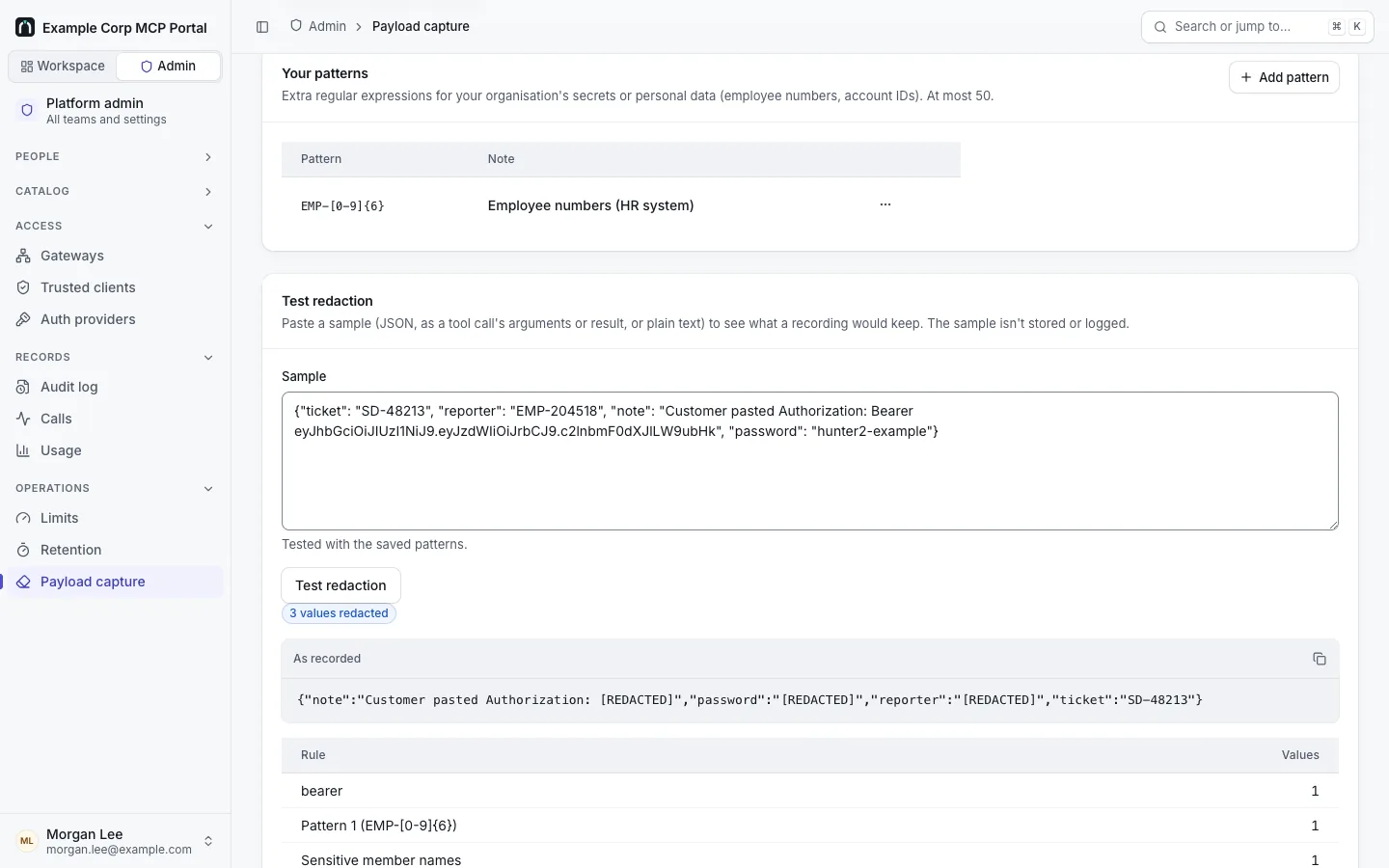 Admin › Payload capture: Your patterns with EMP-[0-9]{6} ("Employee numbers (HR system)"), and Test redaction with a sample and the result as recorded, 3 values redacted (a bearer token, the pattern and a sensitive member name).