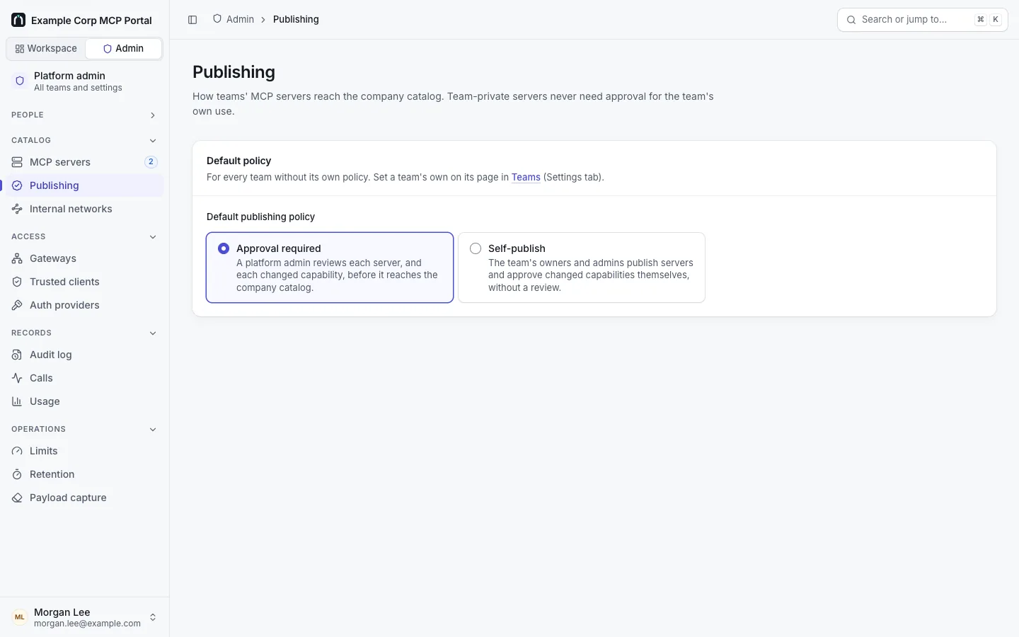 Admin › Publishing: the Default policy set to Approval required, with Self-publish as the other choice.