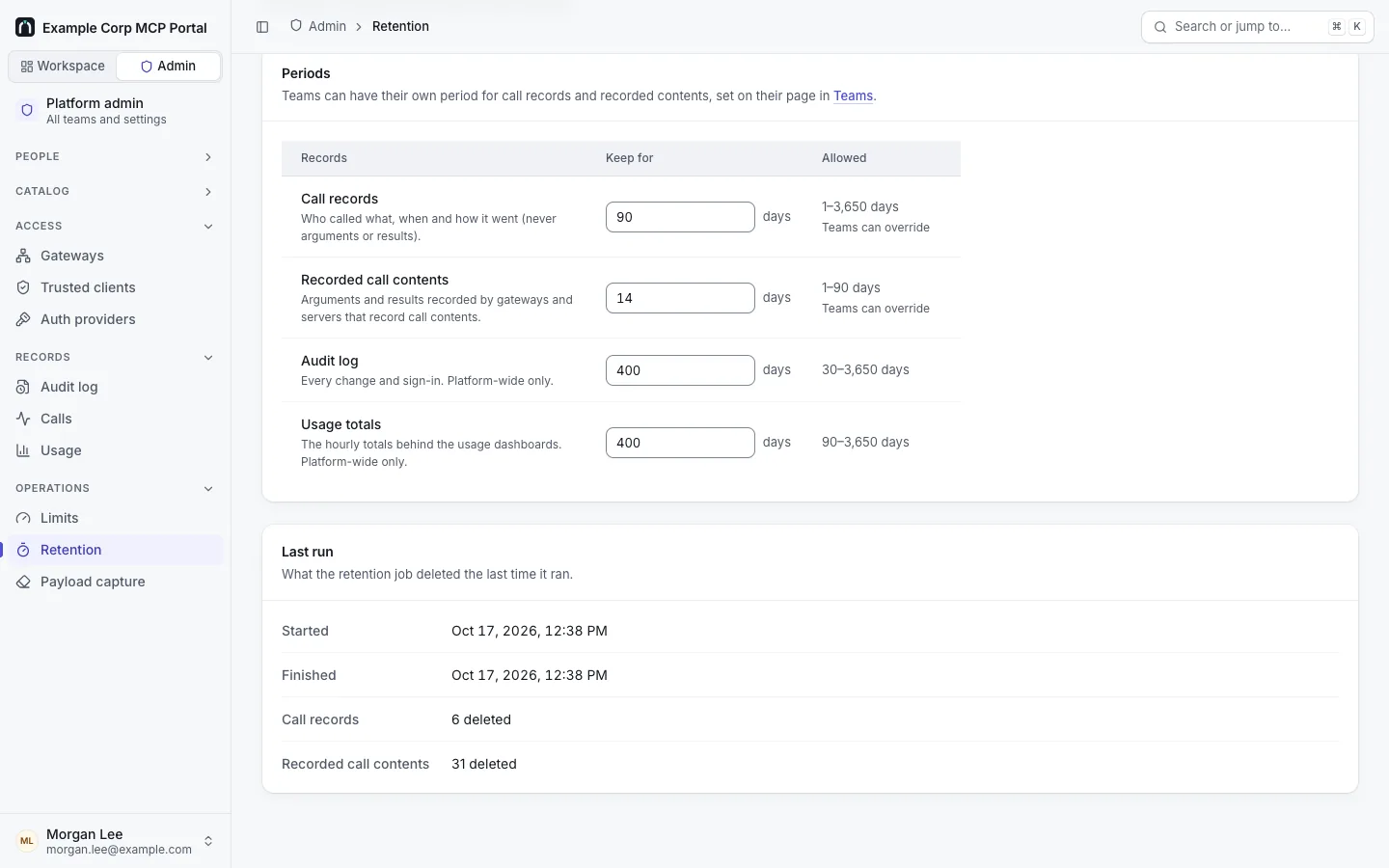 Admin › Retention: periods for call records (90 days), recorded call contents (14), audit log (400) and usage totals (400), and the Last run: 6 call records and 31 recorded call contents deleted.