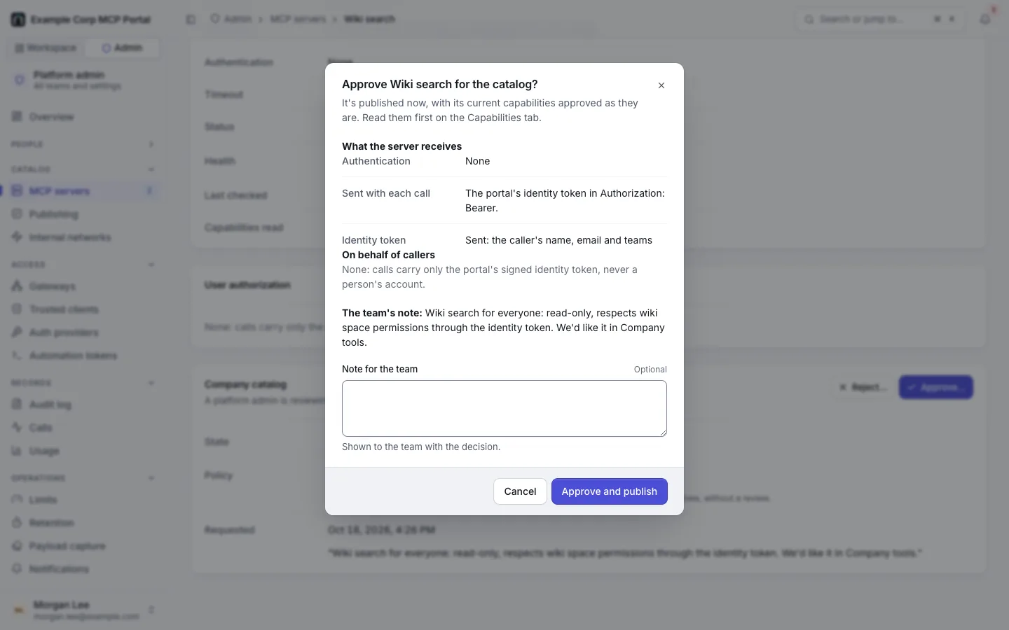 The "Approve Wiki search for the catalog?" dialog: what the server receives, the team's note, a note for the team, and Approve and publish.