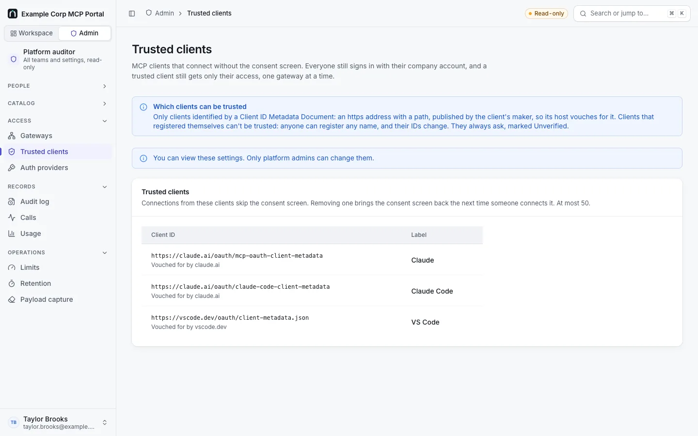 Admin › Trusted clients, viewed as auditor (read-only): Claude, Claude Code and VS Code with their metadata document URLs and the hosts that vouch for them.