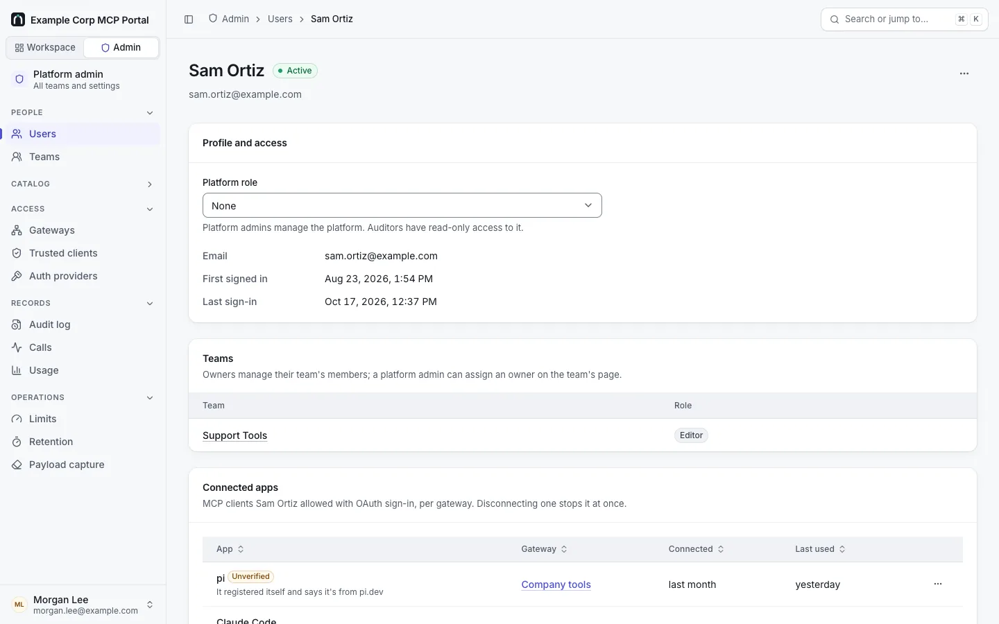A person's admin page for Sam Ortiz: Profile and access with the platform role, email, first and last sign-in, Teams (Support Tools, editor), and the start of Connected apps.