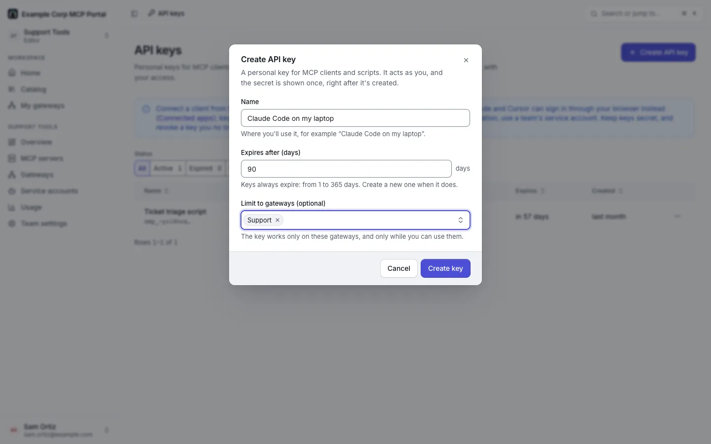 The Create API key dialog: name "Claude Code on my laptop", expires after 90 days, and Limit to gateways with Support chosen.