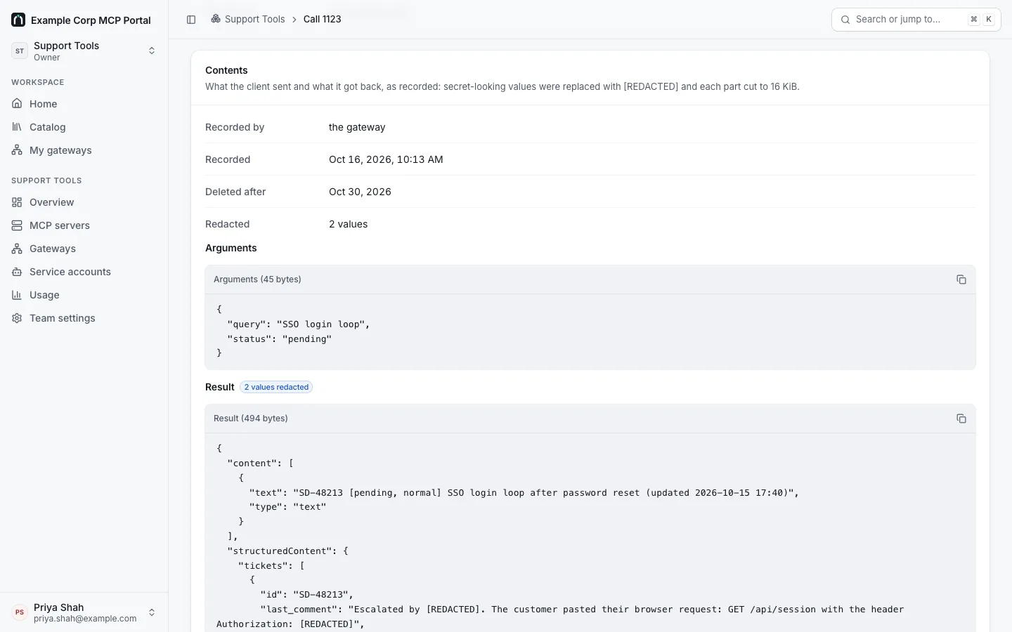 A call's recorded contents (status__search_tickets by Sam Ortiz): recorded by the gateway, when, when they're deleted, 2 values redacted, the arguments, and the result, where an employee number and a pasted bearer token show as [REDACTED].