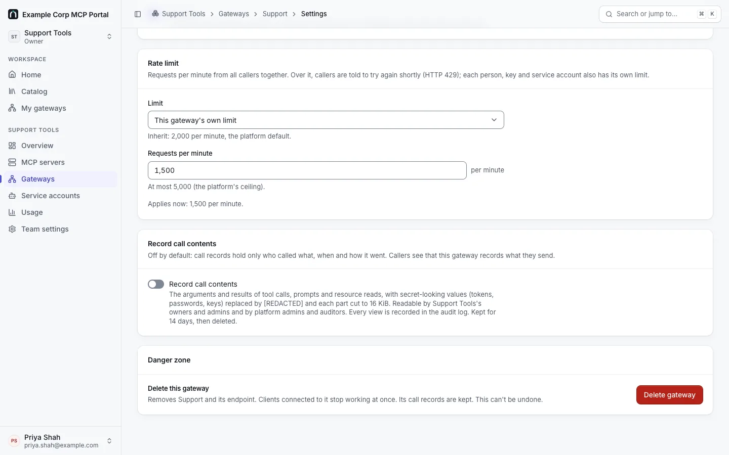 A gateway's Settings tab: Rate limit with "This gateway's own limit" set to 1,500 per minute (the platform default 2,000, at most 5,000) and the value that applies, Record call contents off, and the Danger zone.