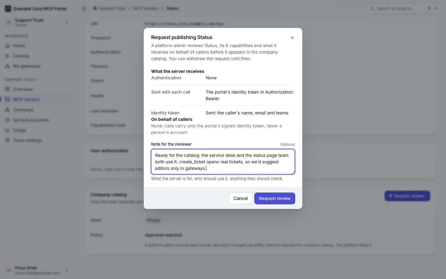 The "Request publishing Status" dialog: what the server receives (no authentication, the portal's identity token, nothing on behalf of callers), a Note for the reviewer filled in, and Request review.