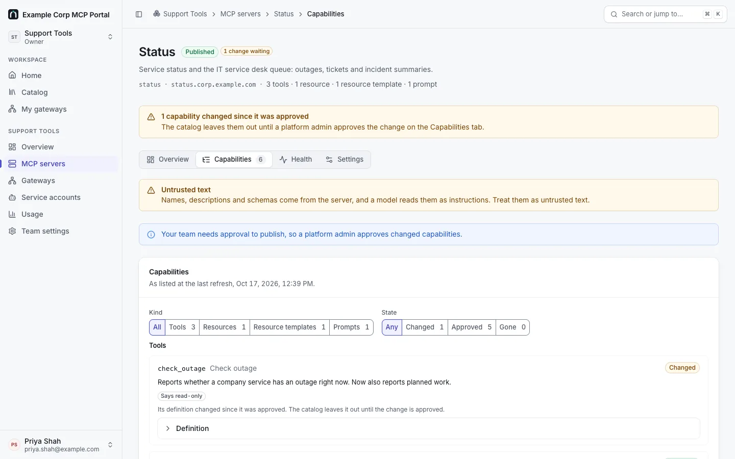 The Capabilities tab of the Status server: "1 capability changed since it was approved", the untrusted-text notice, the note that a platform admin approves changed capabilities, Kind and State filters, and check_outage marked Changed with its new description.