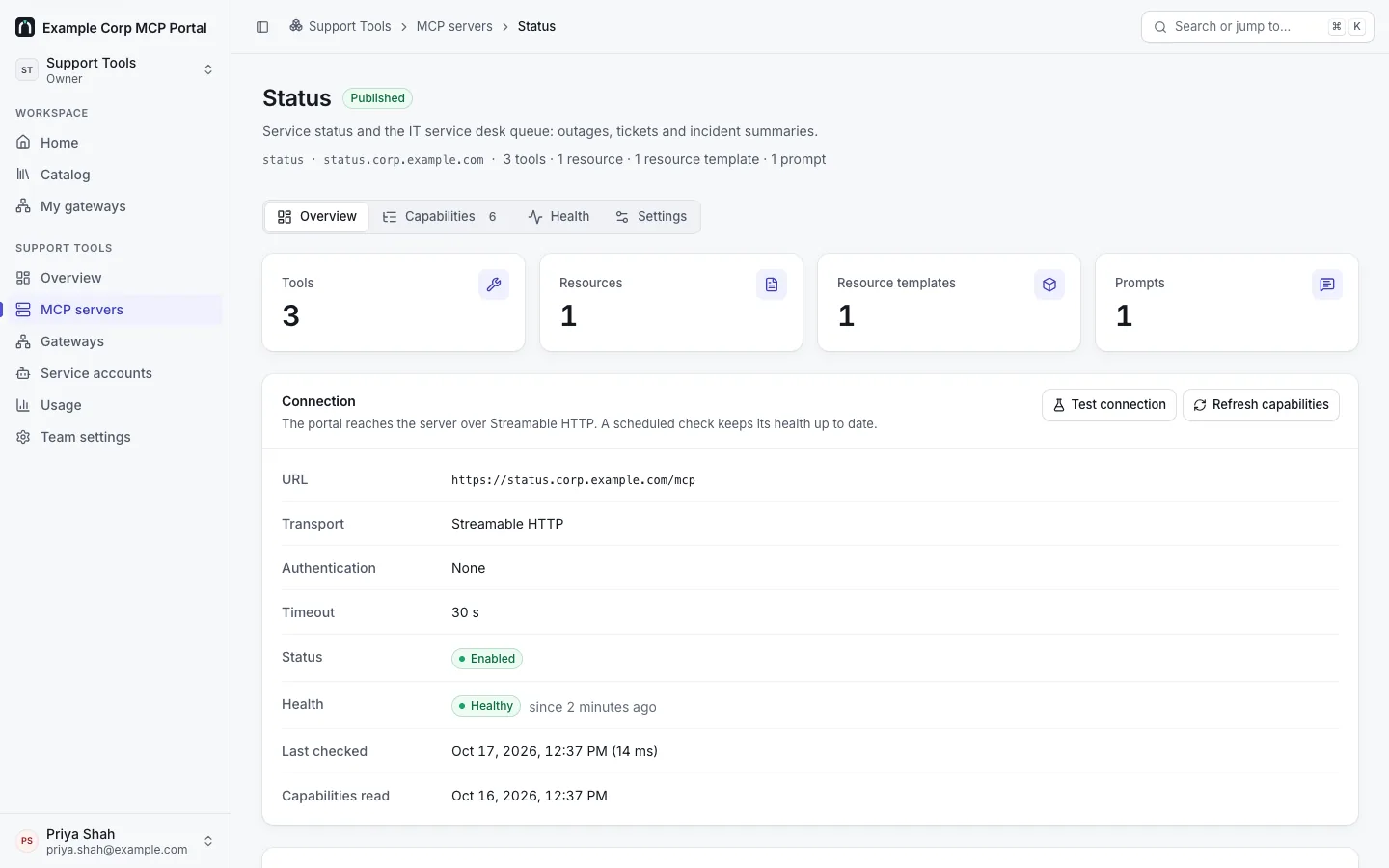 Team › MCP servers › Status › Overview: Published, its capability counts, and the Connection card (URL https://status.corp.example.com/mcp, Streamable HTTP, None authentication, 30 s timeout, Enabled, Healthy, last checked) with Test connection and Refresh capabilities.