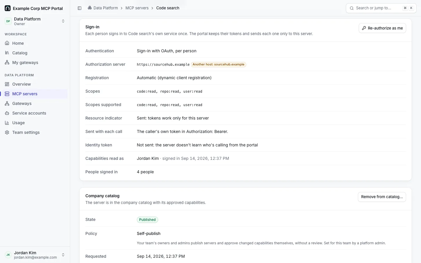The Overview of an OAuth-protected server, Code search: the Sign-in card with the authorization server https://sourcehub.example (another host), dynamic client registration, scopes, "Resource indicator: Sent", the identity token not sent, "Capabilities read as Jordan Kim", 4 people signed in, and Re-authorize as me; the Company catalog card below with the Self-publish policy.