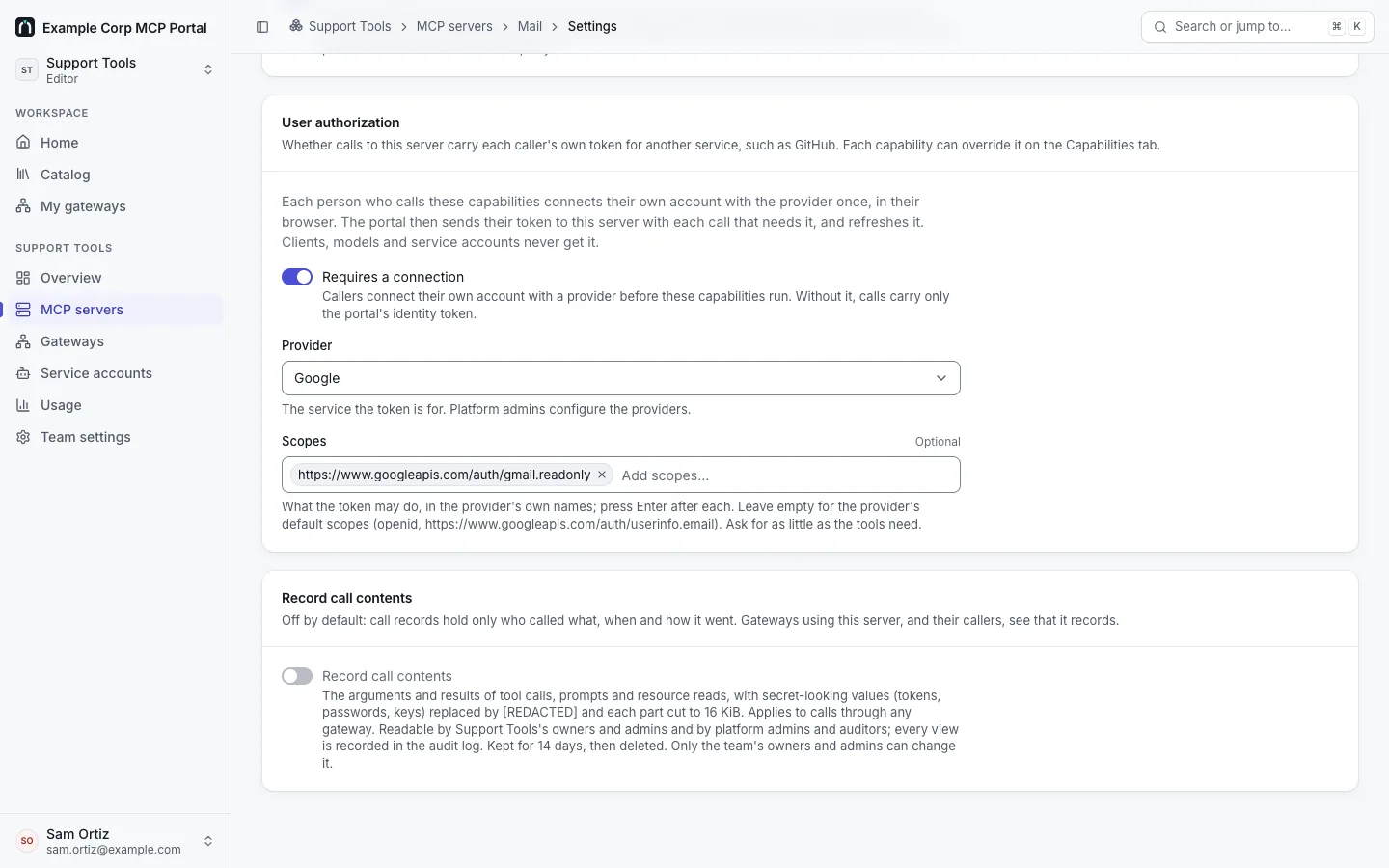 The Settings tab of the Mail server, User authorization section: Requires a connection on, provider Google, scope https://www.googleapis.com/auth/gmail.readonly; Record call contents (off) below.