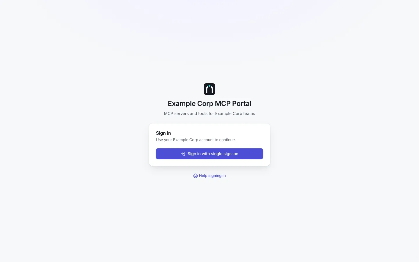 The Open MCP Portal sign-in page for Example Corp MCP Portal: the product mark, the instance name and tagline, a Sign in card with "Use your Example Corp account to continue." and the button "Sign in with single sign-on", and a Help signing in link.