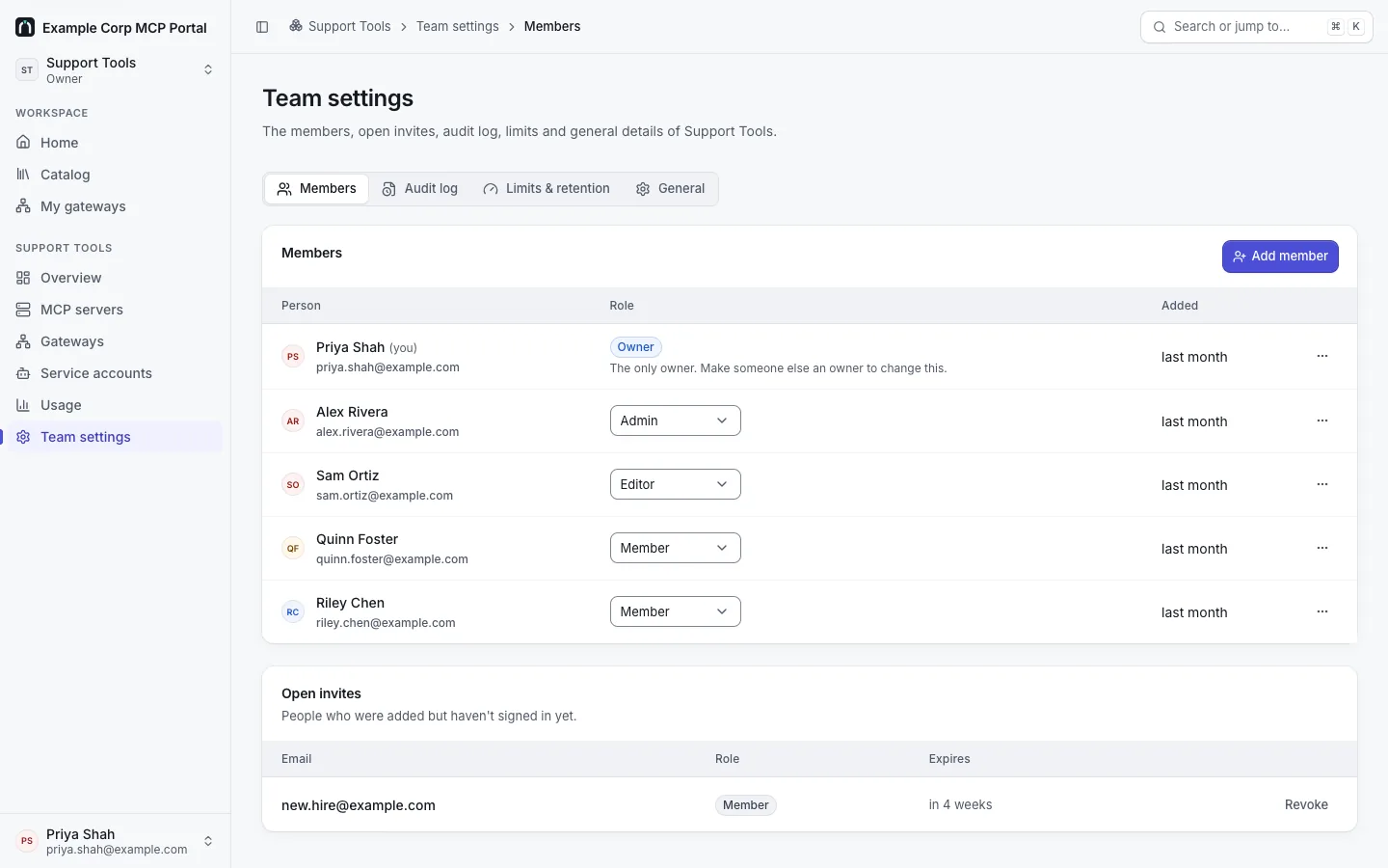Team settings › Members for Support Tools: Priya Shah (owner), Alex Rivera (admin), Sam Ortiz (editor), Quinn Foster and Riley Chen (members), Add member, and Open invites with new.hire@example.com.